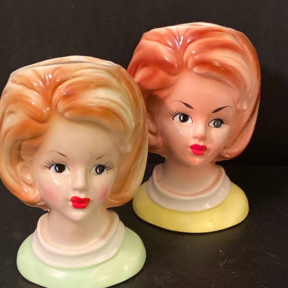 Nancy Pew High-gloss Napco Japan #3397 2 Pcs Porcelain Young Lady Head Vases - Picture 2 of 8